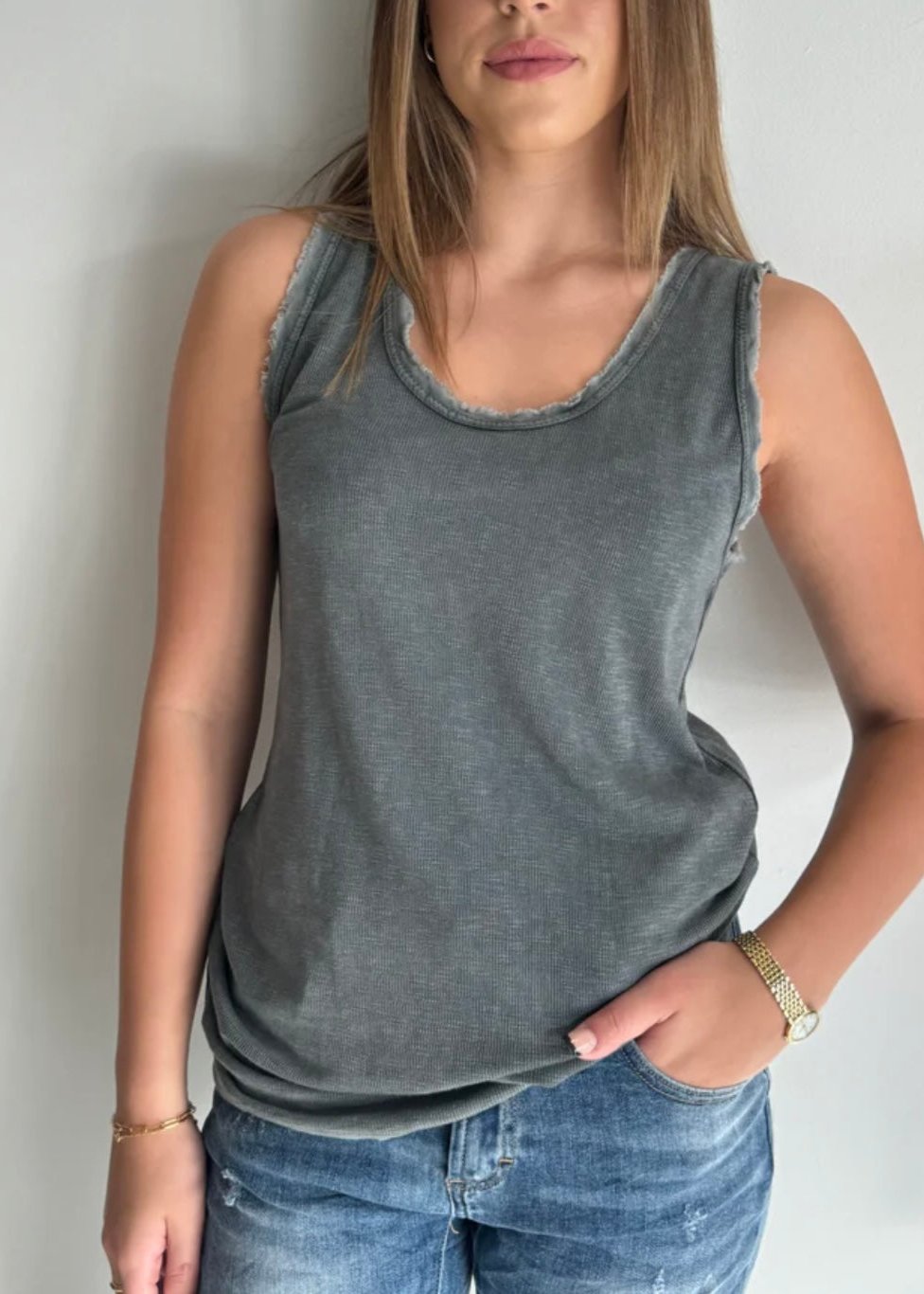 Raw Edge Cotton Singlet ~ Grey