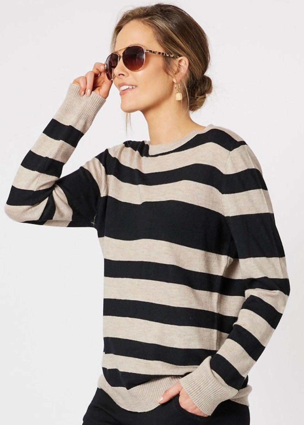 Vienna Cashmere Blend Stripe Crew Oat